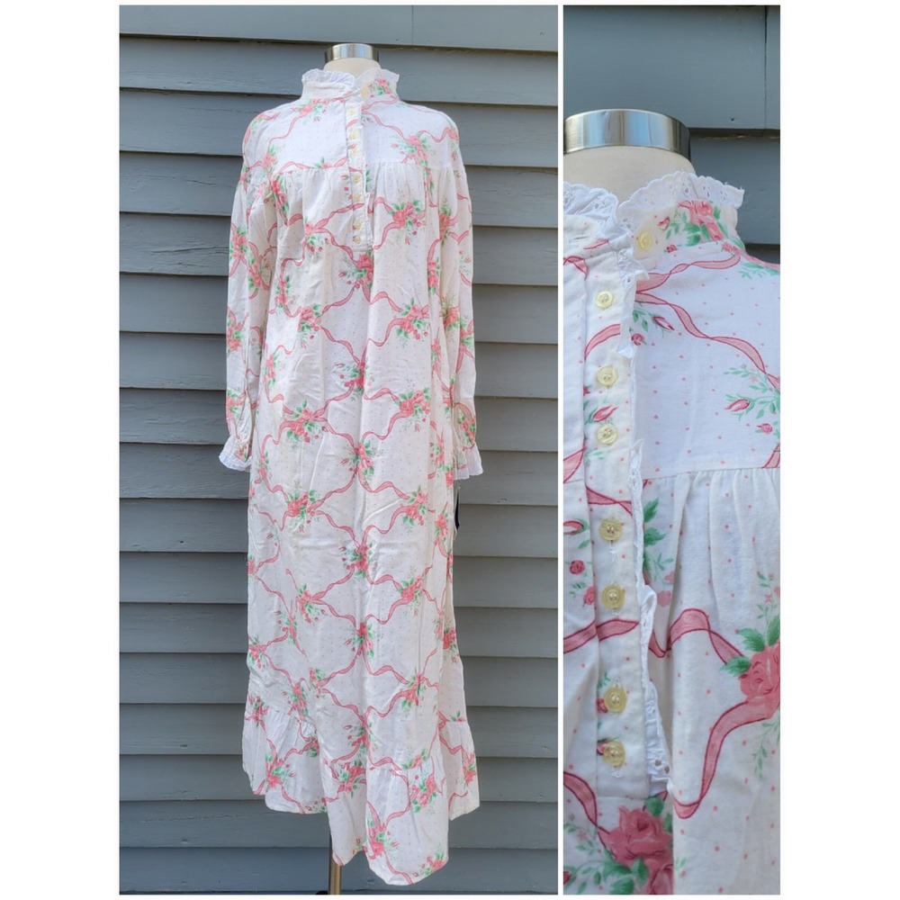 Cotton Nights Sears Nightgown White Pink Floral Flannel Victorian NWT Size S